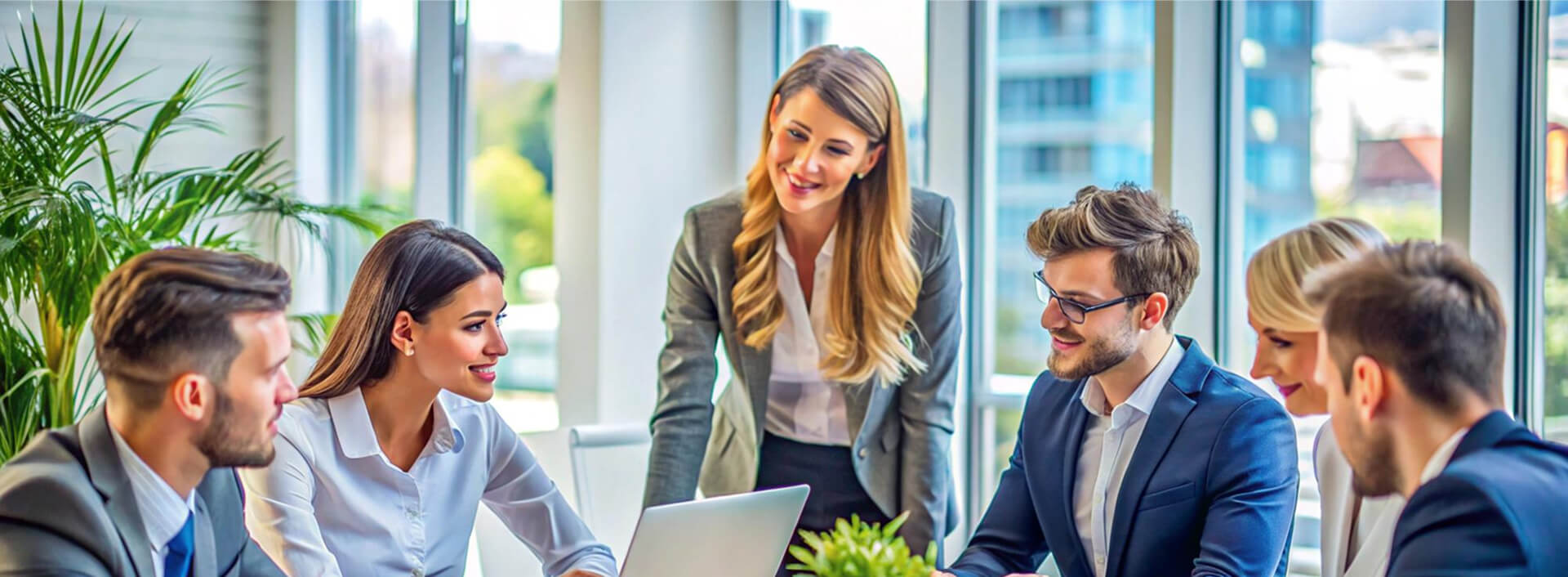 Team meeting in a bright office with one person standing
